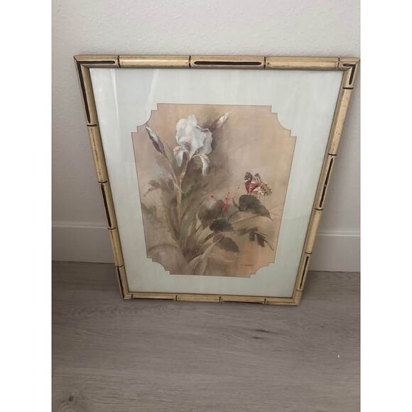 Lili Gaydos Iris and Butterfly Print Art with Bamboo Frame 1978 - Picture 1 of 3